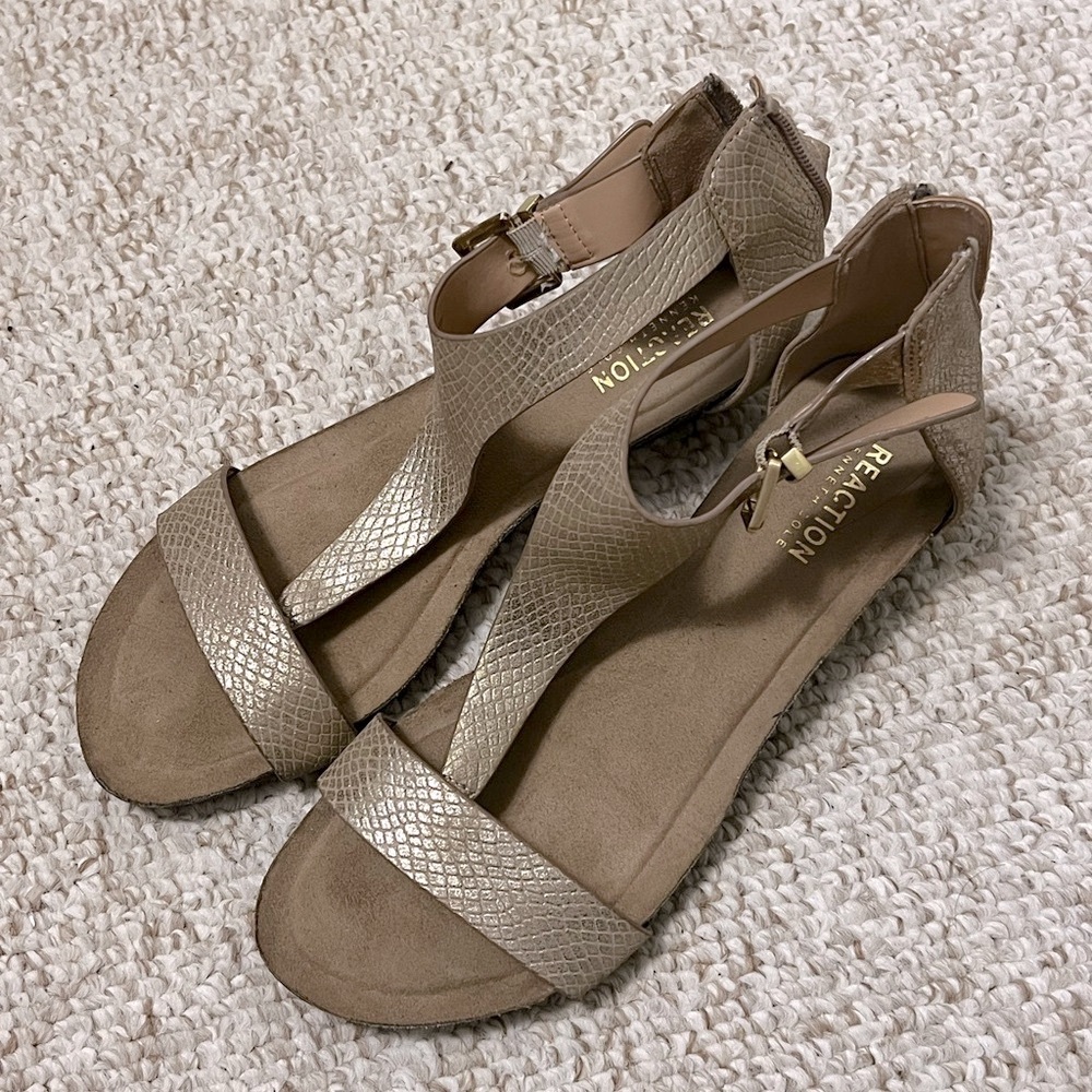 Kenneth Cole Tan and Gold Sandals with Ankle Strap and Sparkle